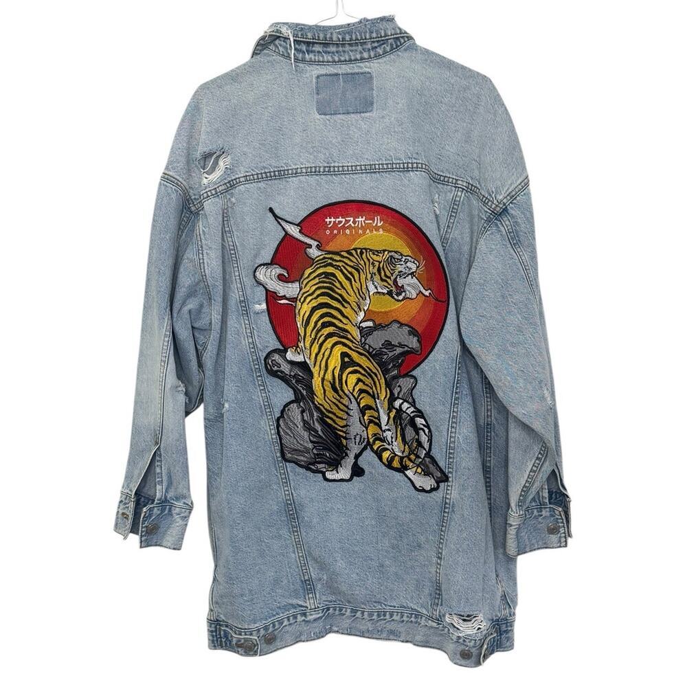 Japanese TIGER Sunset Retro Distressed Denim Jacket Oversized Distressed Sz SP - Picture 3 of 13
